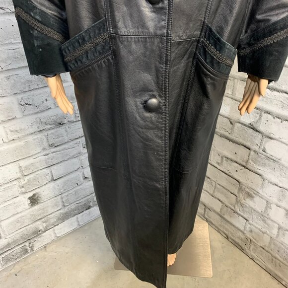 Vintage 80s 90s Leather Suede Trench Coat Long Medium Black Maxi Retro Overcoat - Picture 4 of 16